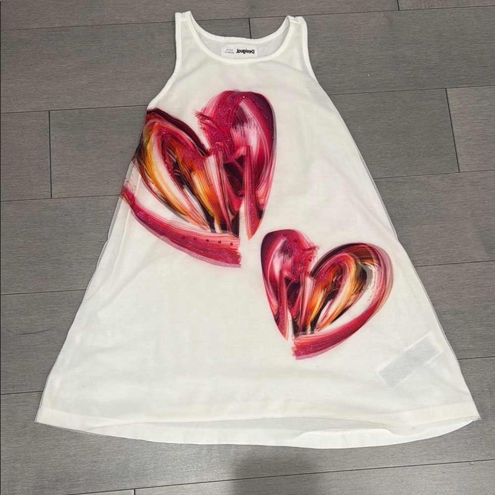 Desigual White Dress with Pink Hearts